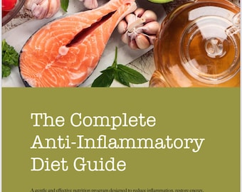 Puede incluir: Una portada de libro de cocina titulada "The Complete Anti-Inflammatory Diet Guide" con un filete de salmón, aguacate, ajo y otros ingredientes. La portada es verde con texto blanco. El libro es de Alexandra Căpăţină, Nutricionista y Psico-Nutricionista.