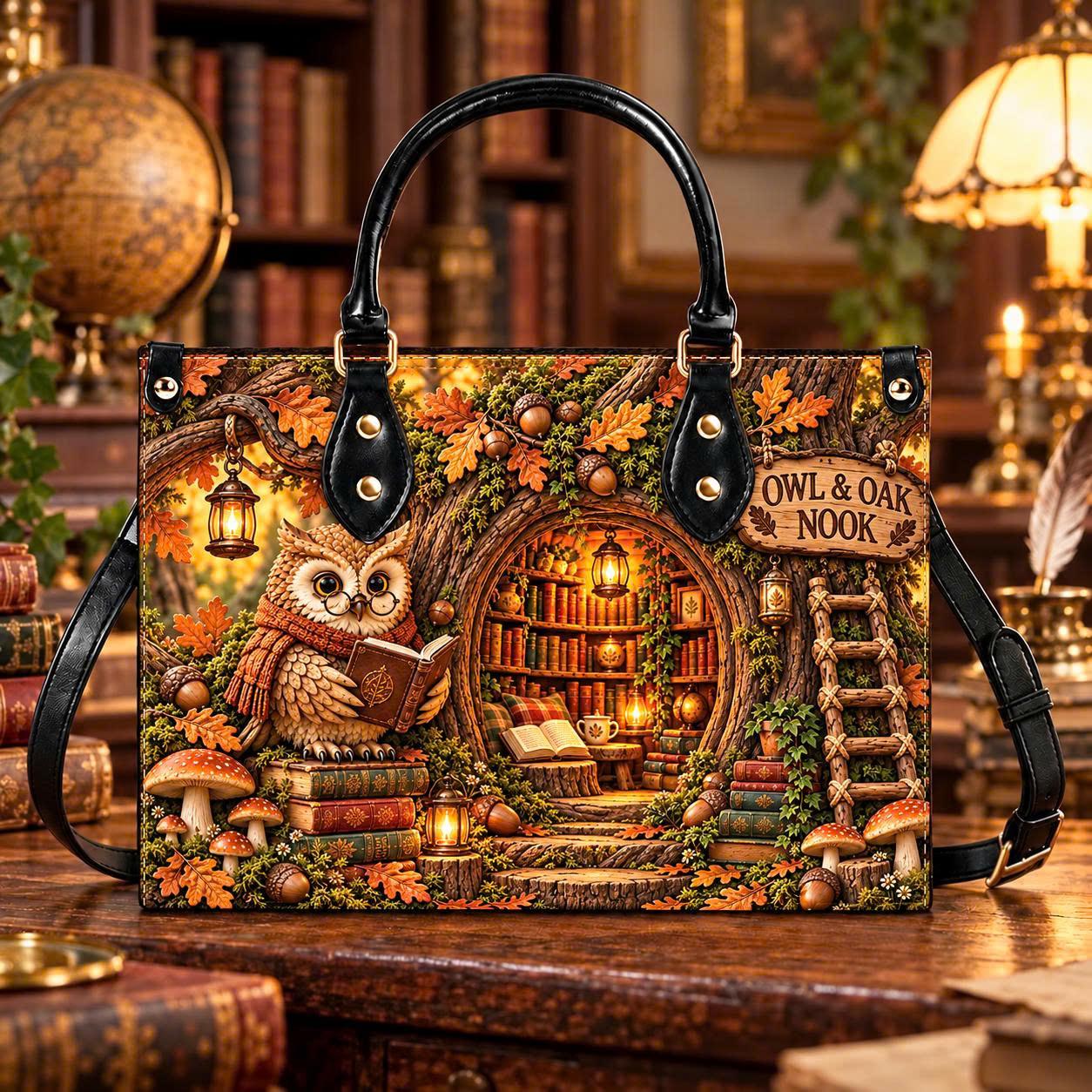 Personalized Owl Book Lover Leather Handbag, Cozy Owl Library Purse, Woodland Book Nook Bag, Autumn 