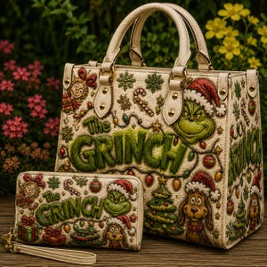 May include: A cream-coloured handbag and matching wallet featuring embossed illustrations of The Grinch, Max the dog, and Cindy Lou Who. The design includes Christmas trees, candy canes, snowflakes, and colourful holiday lights.