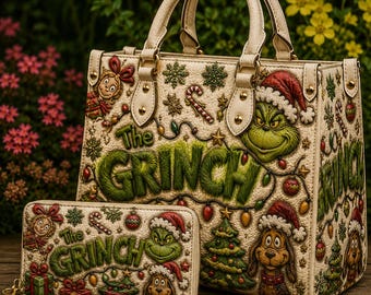 Custom GrinchChristmas Leather Handbag, Ugly Xmas Women Bags, Grinch Lovers Handbag, Woman Handbag, Custom Leather Bag, Christmas Gifts