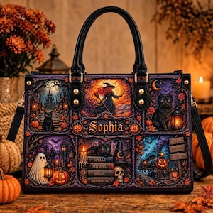 May include: A black handbag featuring a multi-panel Halloween-themed print with a witch, a black cat, a ghost, a pumpkin-faced train, and a stack of books labeled Spells, Potions, Magic, and Happiness. The name Sophia is centered in gold text.