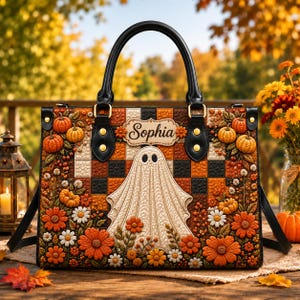 Personalized Ghost Faux Patchwork Leather Handbag, Halloween Ghost Purse, Custom Fall Leather Bag, Autumn Floral Spooky Gift for Women