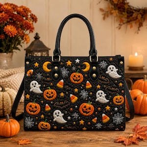 Personalized Halloween Leather Handbag, Custom Name Pumpkin Ghost Bag, Spooky Fall Tote Bag, Cute Trick Or Treat Bag, Gothic Autumn Gift