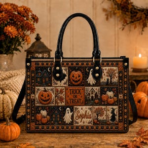 May include: A rectangular handbag featuring a multi-panel tapestry design with Halloween motifs including jack-o'-lanterns, ghosts, a haunted house, and a witch. The center panel displays the text "TRICK OR TREAT" and the name "Sophia".