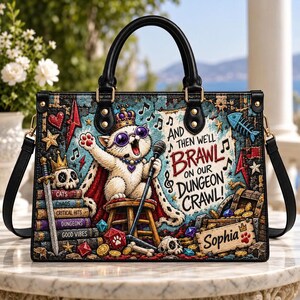 Prinzessin Donut Dungeon Crawler Carl Lederhandtasche, personalisierte LitRPG Katzenhandtasche, Dungeon Crawler Büchertasche, personalisiertes Geschenk für Gamer