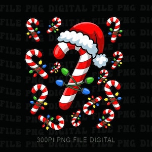 Może przedstawiać: Świąteczna ilustracja przedstawiająca wiele cukrowych lasek w czerwono-białe paski, niektóre ozdobione kolorowymi lampkami choinkowymi. Duża laska cukrowa nosi czapkę Świętego Mikołaja. Tło jest czarne.