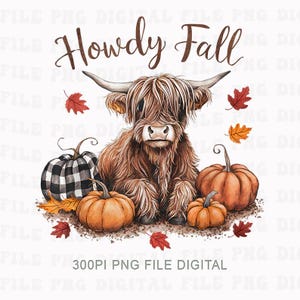 Può includere: Illustrazione digitale di una mucca delle Highlands con pelo marrone, zucche e foglie autunnali. Il testo "Howdy Fall" è scritto sopra la mucca. È presente anche una zucca a scacchi in bianco e nero. L'immagine ha un tema autunnale.
