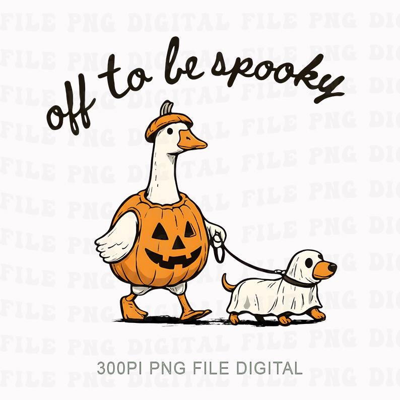 May include: A digital illustration featuring a white goose wearing an orange pumpkin costume and a matching hat, walking a small dog dressed in a white ghost sheet. The text above the characters reads, off to be spooky.