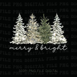 Pode incluir: Gráfico digital com quatro árvores de Natal brancas e verdes, adornadas com luzes cintilantes, sobre um fundo preto. A frase "merry & bright" em escrita branca cria um ambiente festivo.
