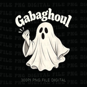 Könnte beinhalten: Eine weiße Geisterillustration auf schwarzem Hintergrund mit dem darüber gewölbten Text Gabaghoul. Der Geist hat zwei ovale Augen, einen offenen Mund und eine Hand, die in einer kneifenden Geste erhoben ist, mit kleinen Bewegungslinien.