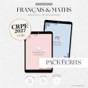 Peut inclure: Deux tablettes numériques affichant des supports de révision pour le concours CRPE 2027. Un écran rose avec une icône de livre et le texte FRANÇAIS, un écran bleu avec une calculatrice et le texte MATHS. Texte présent : OBJECTIF CRPE, PACK ÉCRITS, 124 fiches synthétiques.