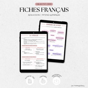 Puede incluir: Dos tabletas negras que muestran guías de estudio de francés. Las guías cubren temas como gramática y figuras retóricas, con texto y diagramas en morado y blanco. Las tabletas están sobre un fondo claro, con texto en la parte superior que dice "OBJECTIF CRPE" y "FICHES FRANÇAIS".