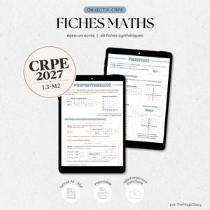 Peut inclure: Guide d'étude numérique intitulé OBJECTIF CRPE FICHES MATHS pour l'examen 2027, comprenant 68 fiches synthétiques. Deux tablettes affichent du contenu mathématique sur la proportionnalité et les fonctions avec graphiques et tableaux. Format A4 PDF.
