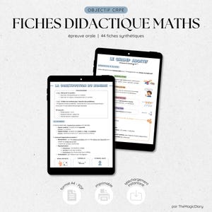 Peut inclure: Deux tablettes noires affichant des fiches de mathématiques éducatives. La tablette supérieure affiche "LE CHAMP ADDITIF" et la tablette inférieure affiche "LA CONSTRUCTION DU NOMBRE". Le texte "OBJECTIF CRPE" et "FICHES DIDACTIQUE MATHS" est inclus.