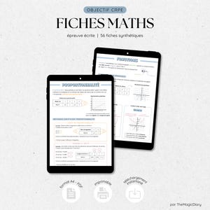 以下が含まれることがあります： 教育的な数学のノートを表示する2つの黒いタブレット。タブレットには、図と方程式とともに「FICHES MATHS」と「PROPORTIONNALITÉ」というテキストが表示されています。画像には「OBJECTIF CRPE」と「épreuve écrite | 56 fiches synthétiques」というテキストも含まれています。