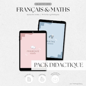 May include: Two digital tablets displaying educational content. One tablet shows a pink screen with "FRANÇAIS" and a book icon, while the other has a blue screen with "MATHS" and a calculator icon. The text "FRANÇAIS & MATHS" is at the top.