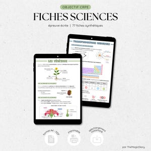 Peut inclure: Deux tablettes noires affichant des notes de sciences éducatives. L'une montre un schéma de plante, l'autre un tableau périodique et des formules chimiques. Le texte est en français. L'image comprend également le texte "OBJECTIF CRPE" et "FICHES SCIENCES".