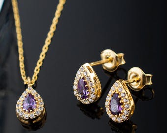 Parure de bijoux en améthyste avec pierre de naissance, collier et clous en argent sterling