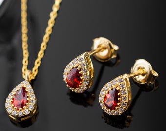 Garnet Birthstone Jewelry Set, Sterling Silver Necklace & Studs
