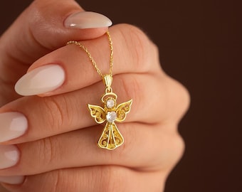 Guardian Angel Necklace With Heart, Talisman Protection Pendant, Wigned Angel Charm, Spiritual Mystical Gift