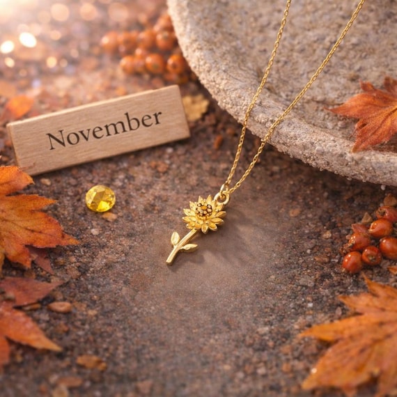 Personalized November Birthflower & Birthstone Necklace,  Chrysanthemum Pendant, Citrine Gemstone, Nov Birthday Gift