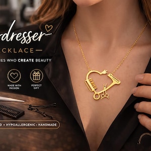 May include: Gold-plated necklace with a heart-shaped pendant featuring hairdresser tools. The necklace includes a comb, scissors, and a hairdryer. The text on the image reads "Hairdresser Necklace" and "For the ones who create beauty."