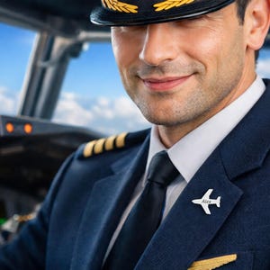 May include: A pilot in a navy blue uniform with gold stripes on the shoulders and a black tie. A silver airplane pin is on the lapel. The pilot is wearing a black hat with gold accents. The background shows the cockpit and a blue sky.
