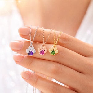 Personalized Paw Print Birthstone Necklace – Heart Birthstone Pet Memorial Jewelry – Dog Cat Lover Gift