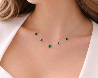 Emerald Teardrop Necklace, Dainty Green Gemstone Pendant, May Birthstone Jewelry, Elegant Minimal Gift
