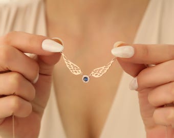 Personalized Birthstone Guardian Angel Wings Necklace, Memorial Jewelry Lost Loved One, Wigned Birthtstone Pendant