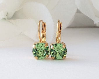 Peridot Green Earrings, Birthstone Earrings, Crystal Earrings, Green Earrings, FREE SHIPPING, Everyday Jewelry, August Birthday, 8mm round