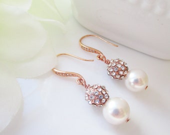 Pearl Drop Bridal Earrings, Pearl Earrings, Rhinestone Earrings, Wedding Earrings, Bridal Earrings, Rose Gold Earrings, Bridesmaid Earrings