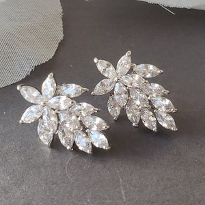 Leaf Stud Earrings, Marquise, Flower Earrings, Bridal Earrings, Wedding Earrings,Stud, Silver Bridal Jewelry, CZ Earrings, Jewelry for Bride