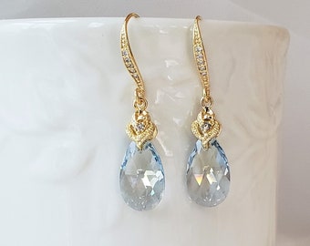 Light Blue Crystal Earrings, Dusty Blue, French Blue, Earrings for Brides, Gold Wedding Earrings, Rose Gold Wedding Jewelry, Teardrop Earrin