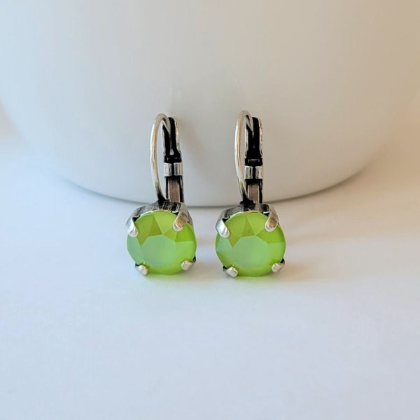 Lime Green Earrings, Crystal Earrings, Chartreuse Green, Green Jewelry, Bridesmaids Jewelry, 8mm Crystals Leverback, Everyday Earrings, Gift