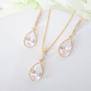 Bridesmaid Jewelry Set, Bridal Jewelry Set, Gold Teardrop,Bridal Necklace, Bridesmaid Jewelry, Bridal Jewelry Gold,Clear Earrings, Gifts