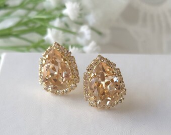 Champagne Earrings, Crystal Earrings, Teardrop Pear Shape Stud, Light Silk Earrings, Gold Bridal Jewelry, Bridesmaids Earrings, Topaz Crysta