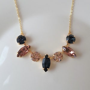 Navy Blue and Blush Necklace, Crystal Necklace, Crystal Leaf, Gold Bridal Jewelry, Rose Gold Necklace, Silver Crystal Necklace, Bridesmaids