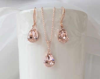 Morganite Pink Crystal Earrings, Blush Necklace, Bridal Jewelry Set, Rose Gold, Light Pink, Bridesmaid Jewelry Set, Wedding Jewelry Set