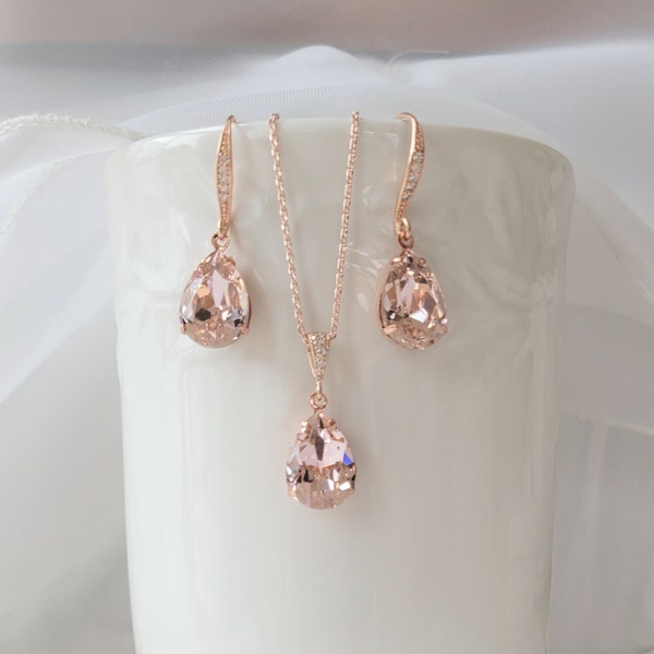 Morganite Pink Crystal Earrings, Blush Necklace, Bridal Jewelry Set, Rose Gold, Light Pink, Bridesmaid Jewelry Set, Wedding Jewelry Set