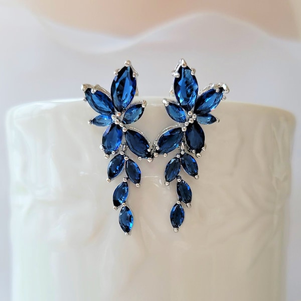 Sapphire Blue Bridal Earrings, Blue Leaf Earrings, Sapphire, Leaf Vine Earrings, Something Blue, Rose Gold Bridal Earrings, Wedding Jewelry