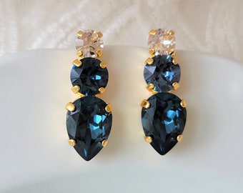 Navy Blue Crystal Earrings, Bridal Earrings, Gold Wedding Jewelry, Something Blue, Jewlery for Bride, Mother of the Groom Earrings, Stud