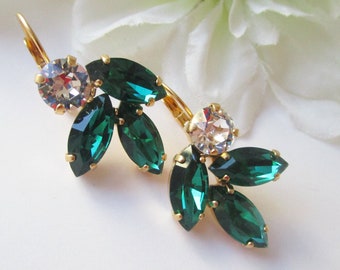 Emerald Green Earrings, Leaf Earrings, Crystal Earrings, Wedding Jewelry, Emerald Bridal Jewelry, Rhinestone Earrings, Floral Bridal Jewlery