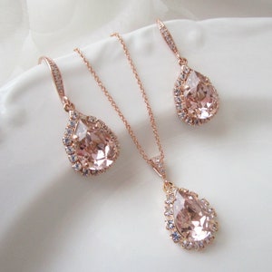 Blush Pink Earrings, Bridesmaid Set, Bridal Necklace, Morganite Crystal Necklace, Crystal Earrings ,Bridal Earrings, Bridesmaid Jewelry