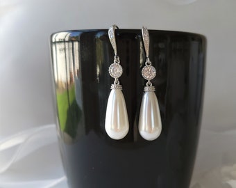 Pearl Drop Bridal Earrings, Silver Bridal Earrings, Bridal Pearl Earrings, Teardrop Pearl Earrings, Vintage Style Bridal Earrings, CZ