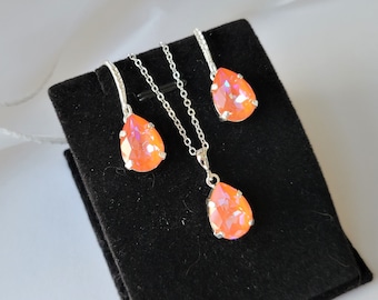 Bridesmaid Jewelry Set, Tangerine Bridesmaid Jewelry, Crystal Earrings, Crystal Necklace, Orange Necklace, Tangerine Jewelry Set