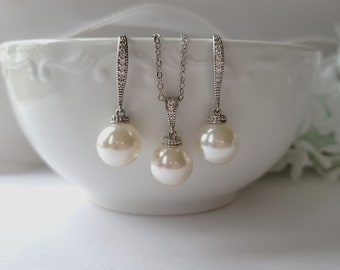 Bridal Jewlery Set, Pearl Necklace and Earrings Set, Bridesmaids Jewelry Set, Silver, Rose Gold, Gold, Jewelry Set for Wedding, 2 Piece Set