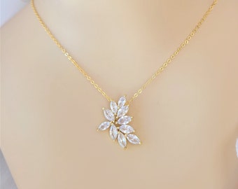 Bridal Jewelry, Bridesmaids Necklace, Jewelry for Brides, CZ Pendant, Gold Bridal Jewelry, Bridal Party Gift, Leaf Vine, Silver Bridal