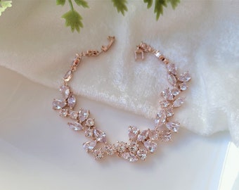 Bridal Bracelet, Rose Gold Wedding Jewlery, Gold Bridal Bracelet, Leaf Vine Bracelet, Jewlery for Brides, Cubic Zirconia Wedding Jewelry