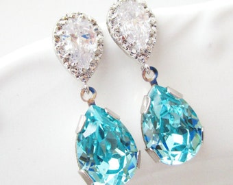 Turquoise Blue Earrings, Beach Wedding Jewelry, Cubic Zirconia Earrings, Teal Earrings, Crystal Earrings, Wedding Jewelry, Teardrop
